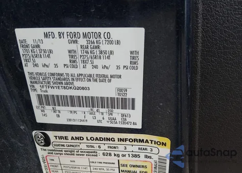 2013 Ford F-150 Lariat from USA, damaged, VIN 1FTFW1ET8DKG20803